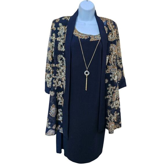 2-Piece Navy Dress  Gold Paisley Jacket - Size 8 - Made In USA elegant classic - Picture 1 of 16